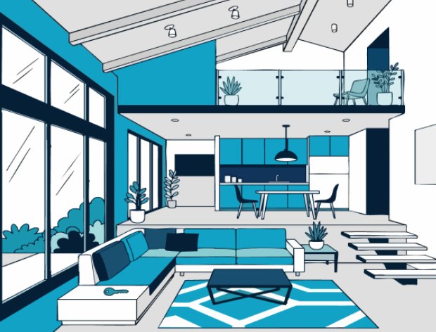 Illustration d’un intérieur moderne en loft avec salon, cuisine ouverte et mezzanine