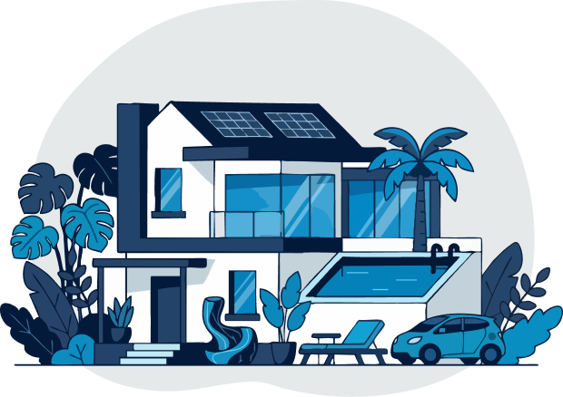 Illustration d’une maison moderne avec panneaux solaires, piscine et environnement résidentiel