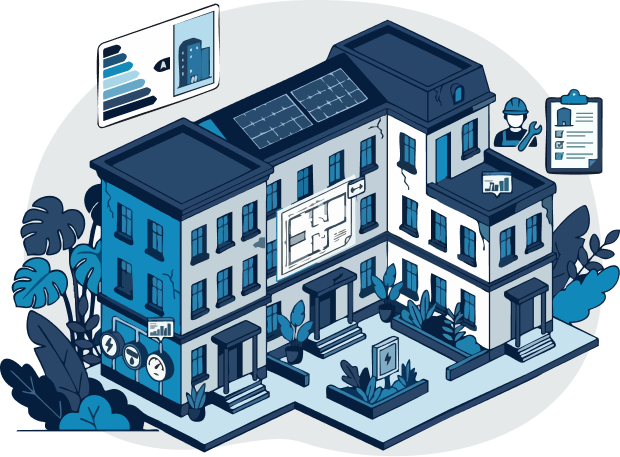 Illustration d’un immeuble avec diagnostic énergétique, panneaux solaires et inspection technique